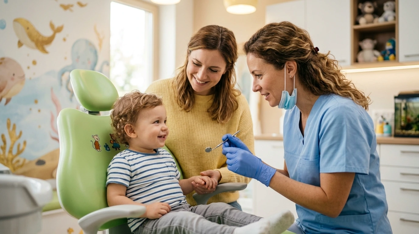 Child's first dental visit guide - happy toddler with parent at Golden Crown Dental Surgery Lahore
